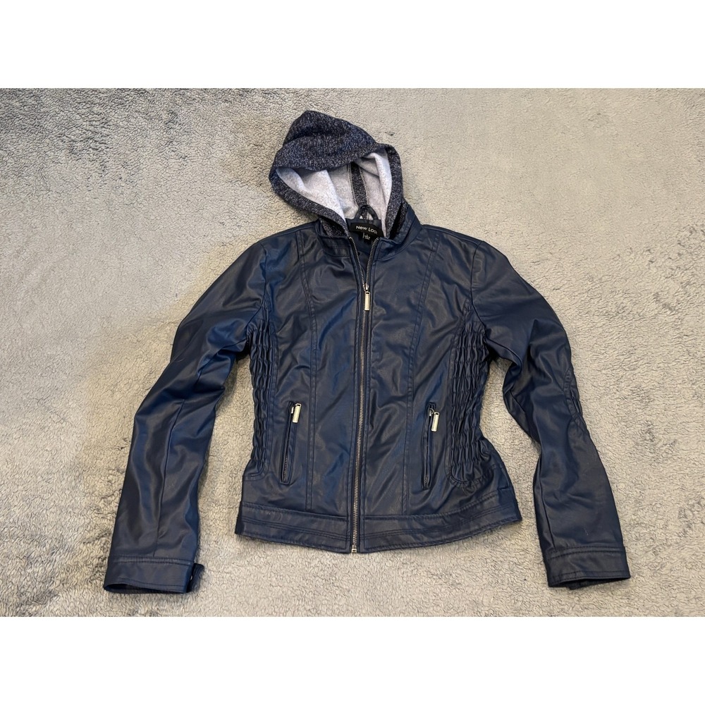 New Look Jacket Women's Large Blue Faux Leather Hooded Zip-Up Coat